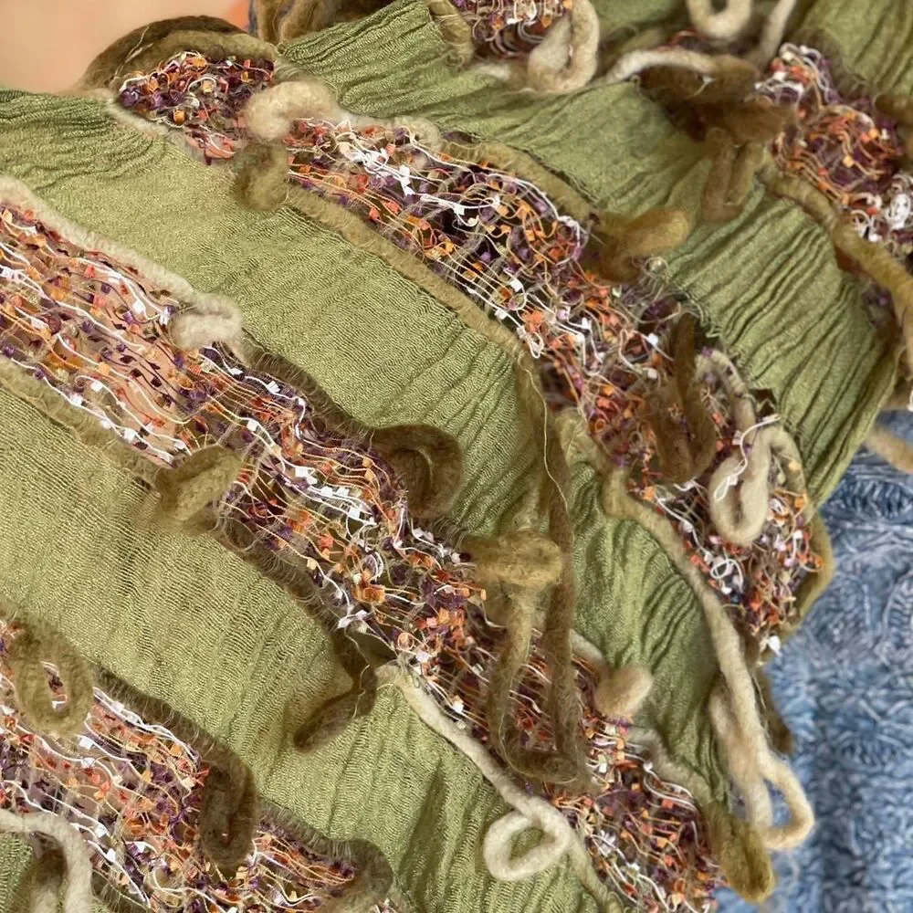 Vintage 90s Y2K Scala Collezione Textured Fringe Scarf Olive‎ Green Boho Crinkle